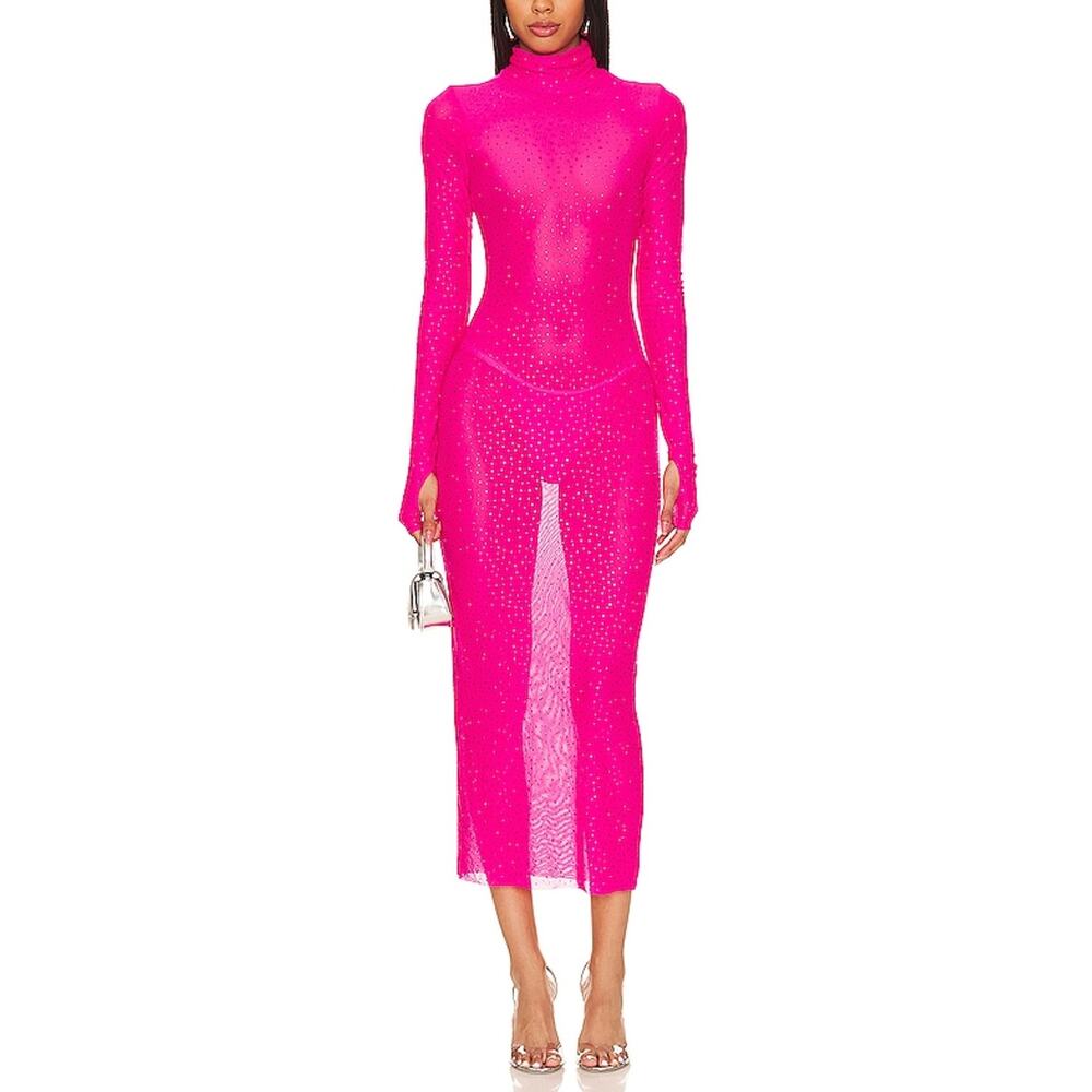Afrm Sparkling Glow Pink Shailene Rhinestone Midi Dress Size XXS
